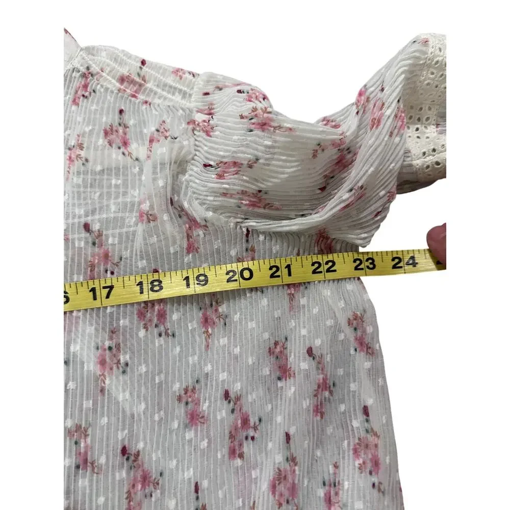 Let Me Be Floral Blouse Size US 4 Pink White Crinkle Chiffon Ruffle Lace Sleeve